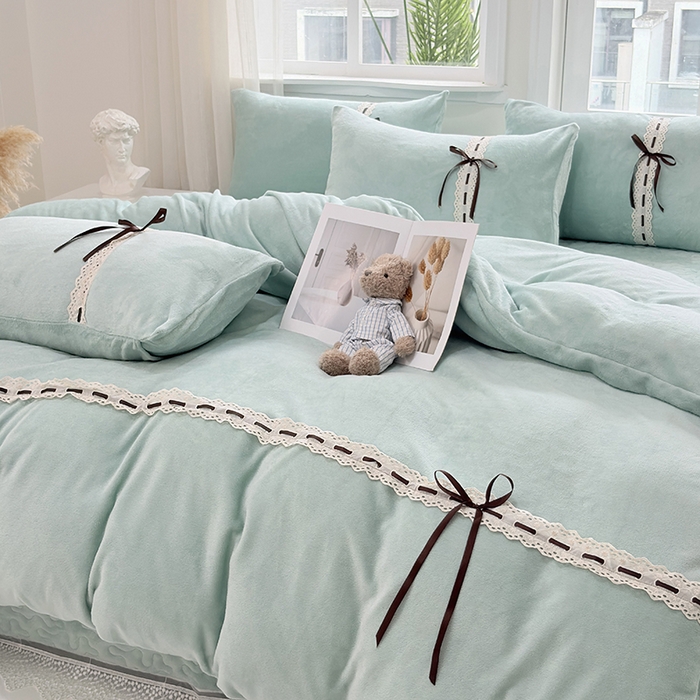 91家纺网 家纺一手货源 找家纺 韩秀家纺 2025新款牛奶绒床盖四件套 绿