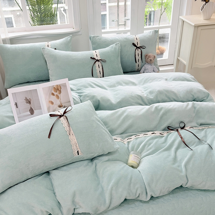 91家纺网 家纺一手货源 找家纺 韩秀家纺 2025新款牛奶绒床盖四件套 绿
