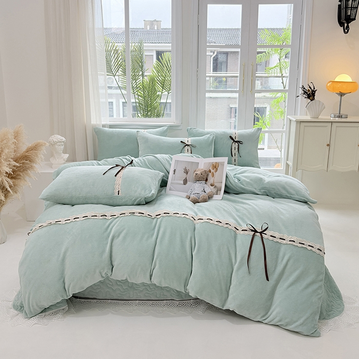 91家纺网 家纺一手货源 找家纺 韩秀家纺 2025新款牛奶绒床盖四件套 绿