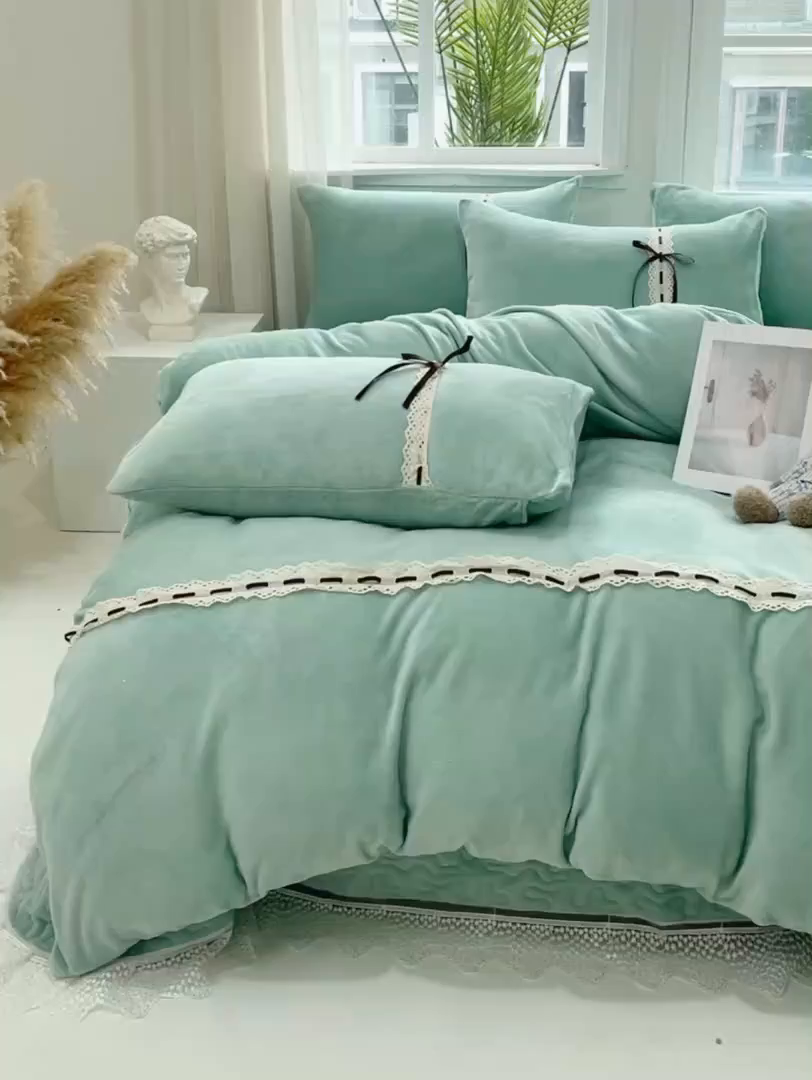 91家纺网 家纺一手货源 找家纺 韩秀家纺 2025新款牛奶绒床盖四件套 绿