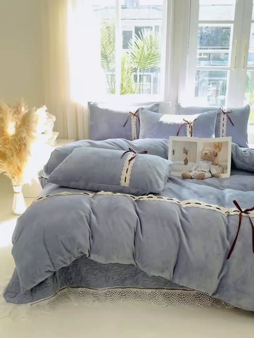 91家纺网 家纺一手货源 找家纺 韩秀家纺 2025新款牛奶绒床盖四件套 蓝