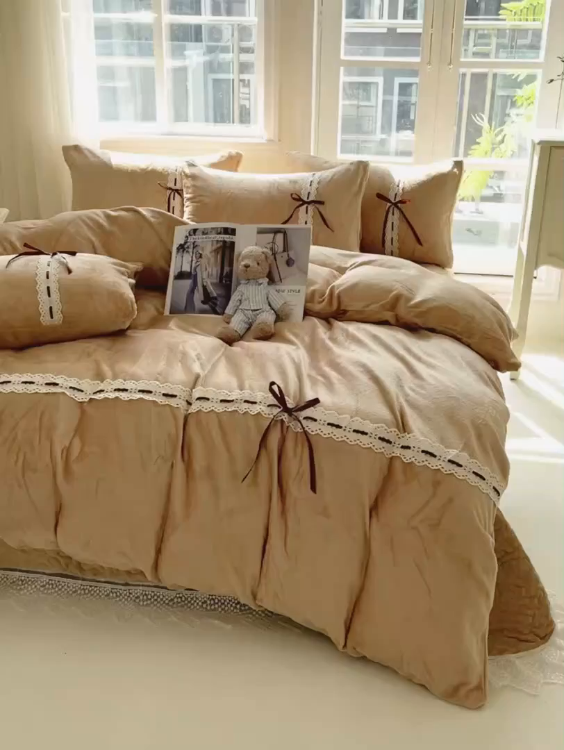 91家纺网 家纺一手货源 找家纺 韩秀家纺 2025新款牛奶绒床盖四件套 咖