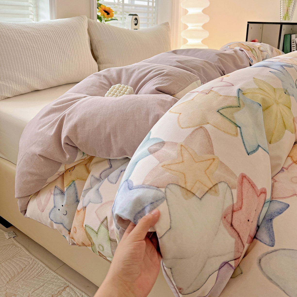 91家纺网 家纺一手货源 找家纺 依庭 2025新款高克重全棉纯棉磨毛印花单被套 星晚-粉