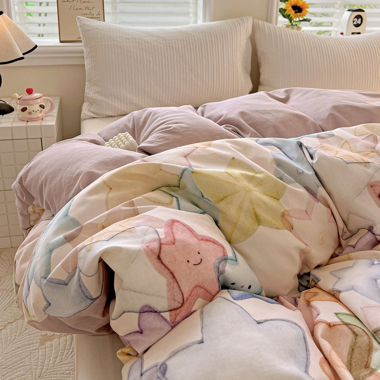 91家纺网 家纺一手货源 找家纺 依庭 2025新款高克重全棉纯棉磨毛印花单被套 星晚-粉