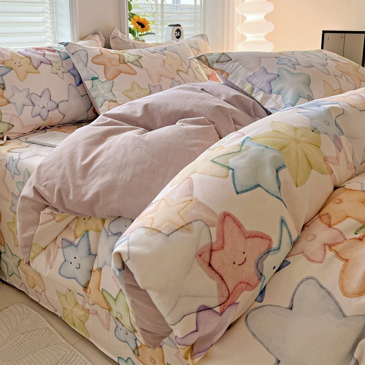 91家纺网 家纺一手货源 找家纺 依庭 2025新款高克重全棉纯棉磨毛印花单被套 星晚-粉