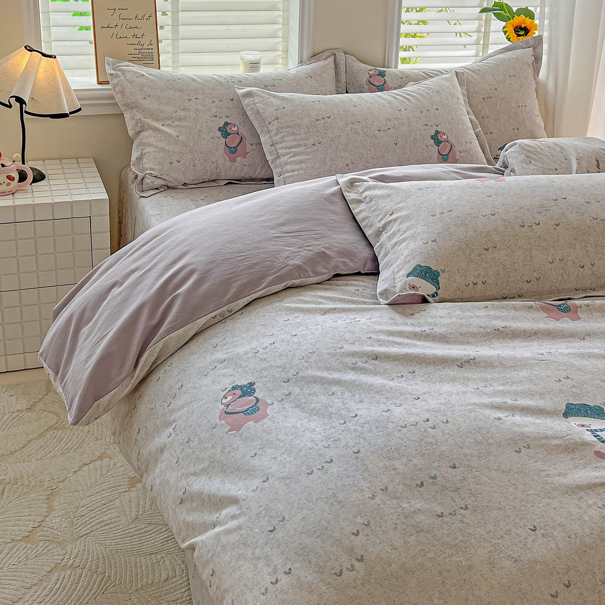 91家纺网 家纺一手货源 找家纺 依庭 2025新款高克重全棉纯棉磨毛印花单被套 幸福小熊