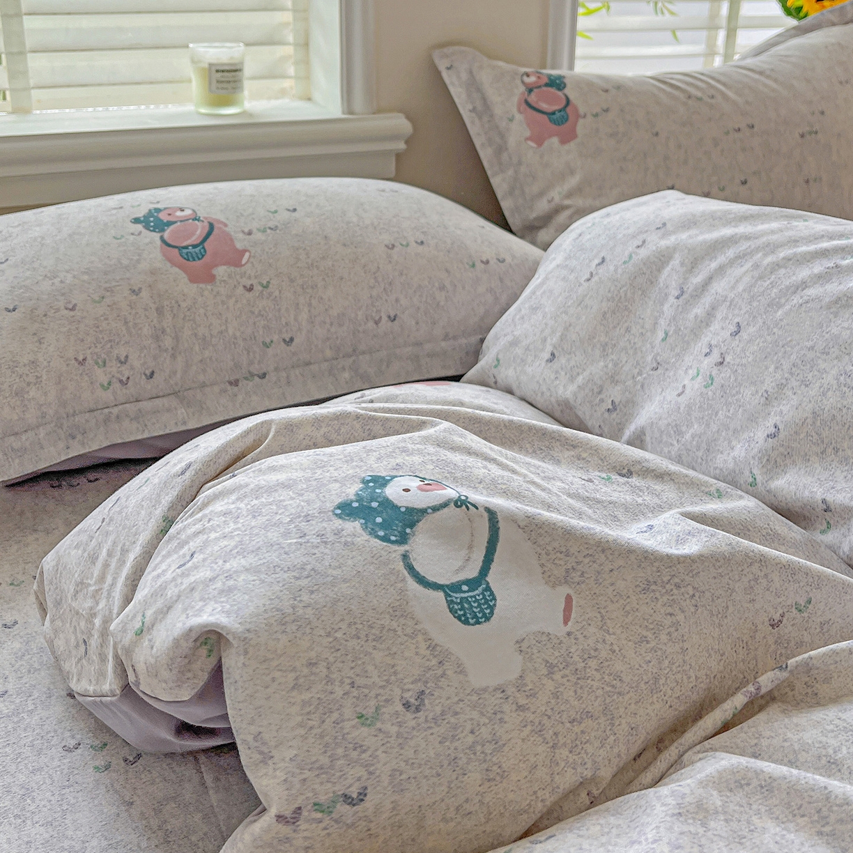 91家纺网 家纺一手货源 找家纺 依庭 2025新款高克重全棉纯棉磨毛印花单被套 幸福小熊