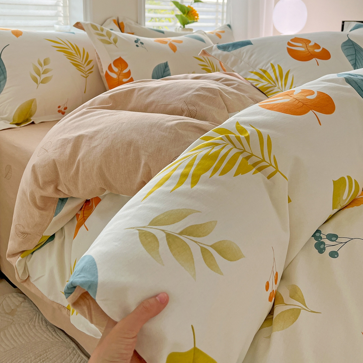 91家纺网 家纺一手货源 找家纺 依庭 2025新款高克重全棉纯棉磨毛印花单被套 叶之恋