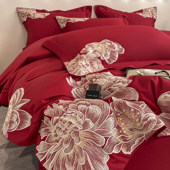 91家纺网 家纺一手货源 找家纺 置顶家纺 新款60支长绒棉刺绣四件套--繁花似锦 繁花似锦-大红