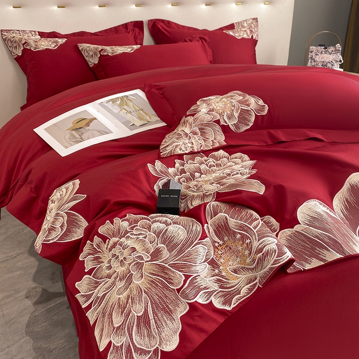 91家纺网 家纺一手货源 找家纺 置顶家纺 新款60支长绒棉刺绣四件套--繁花似锦 繁花似锦-大红