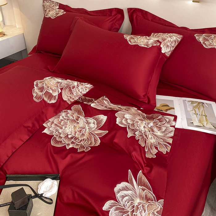 91家纺网 家纺一手货源 找家纺 置顶家纺 新款60支长绒棉刺绣四件套--繁花似锦 繁花似锦-大红