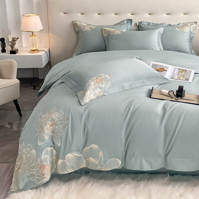 91家纺网 家纺一手货源 找家纺 置顶家纺 新款60支长绒棉刺绣四件套--繁花似锦 繁花似锦-繁星蓝