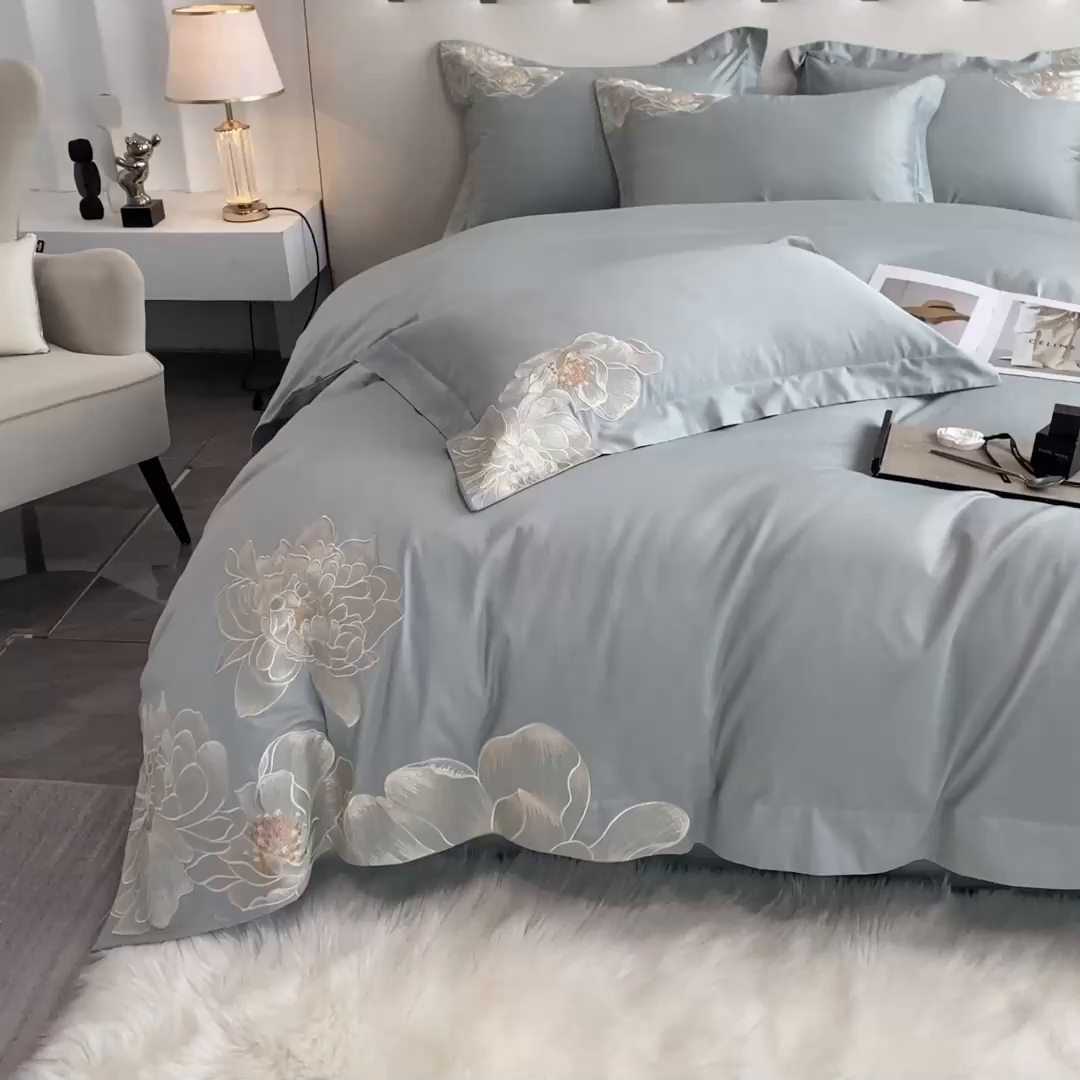 91家纺网 家纺一手货源 找家纺 置顶家纺 新款60支长绒棉刺绣四件套--繁花似锦 繁花似锦-繁星蓝