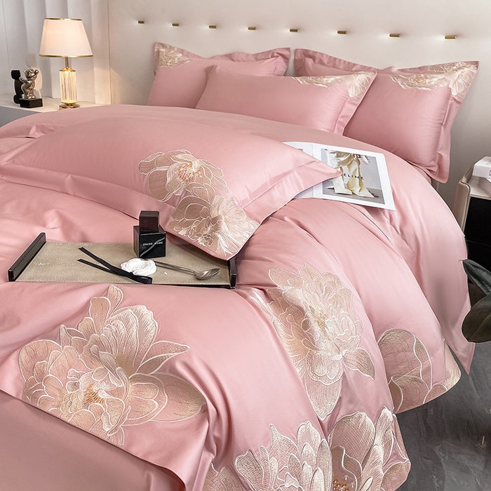 91家纺网 家纺一手货源 找家纺 置顶家纺 新款60支长绒棉刺绣四件套--繁花似锦 繁花似锦-浅豆沙