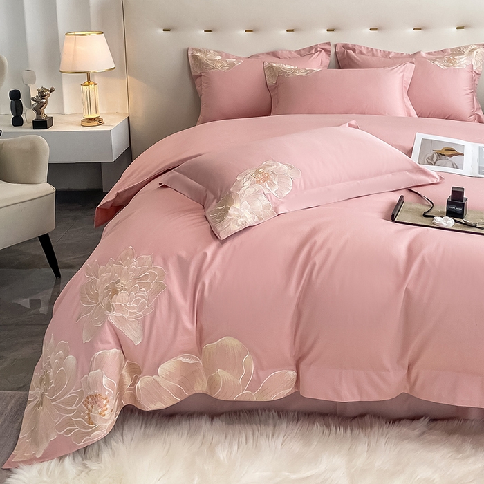 91家纺网 家纺一手货源 找家纺 置顶家纺 新款60支长绒棉刺绣四件套--繁花似锦 繁花似锦-浅豆沙