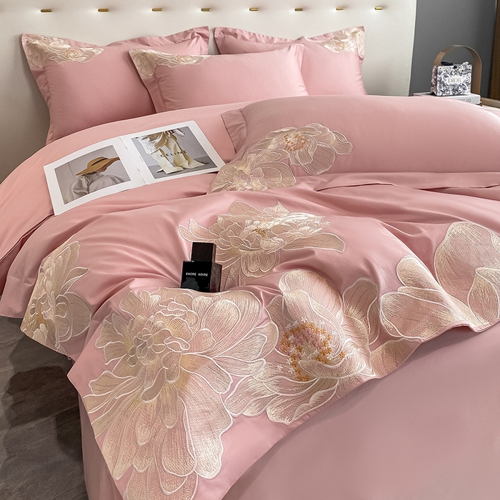 91家纺网 家纺一手货源 找家纺 置顶家纺 新款60支长绒棉刺绣四件套--繁花似锦 繁花似锦-浅豆沙