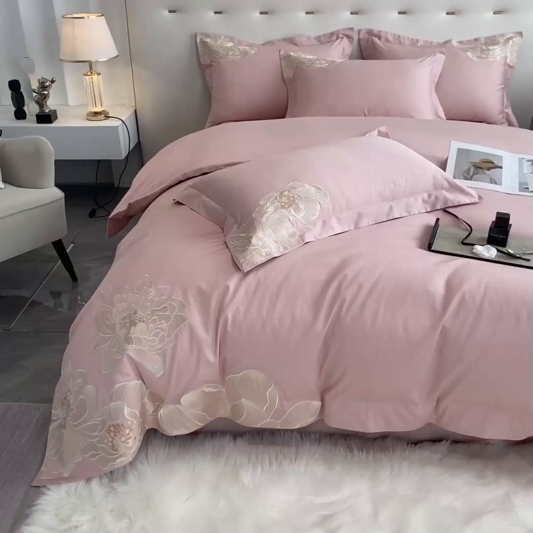 91家纺网 家纺一手货源 找家纺 置顶家纺 新款60支长绒棉刺绣四件套--繁花似锦 繁花似锦-浅豆沙