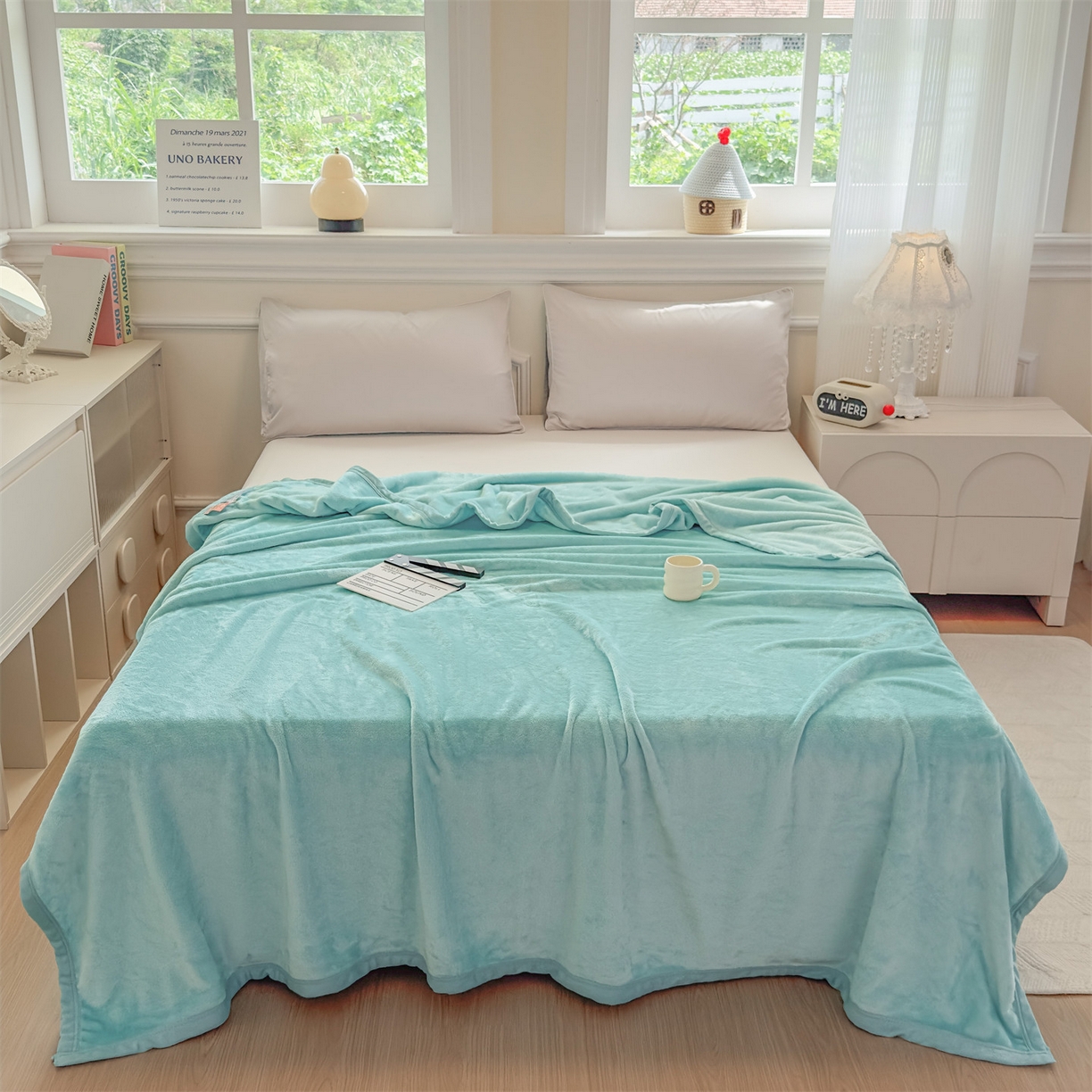 91家纺网 家纺一手货源 找家纺 予梦家纺 2025新款320g高克重加厚法兰绒毛毯办公室午休毯 清水蓝