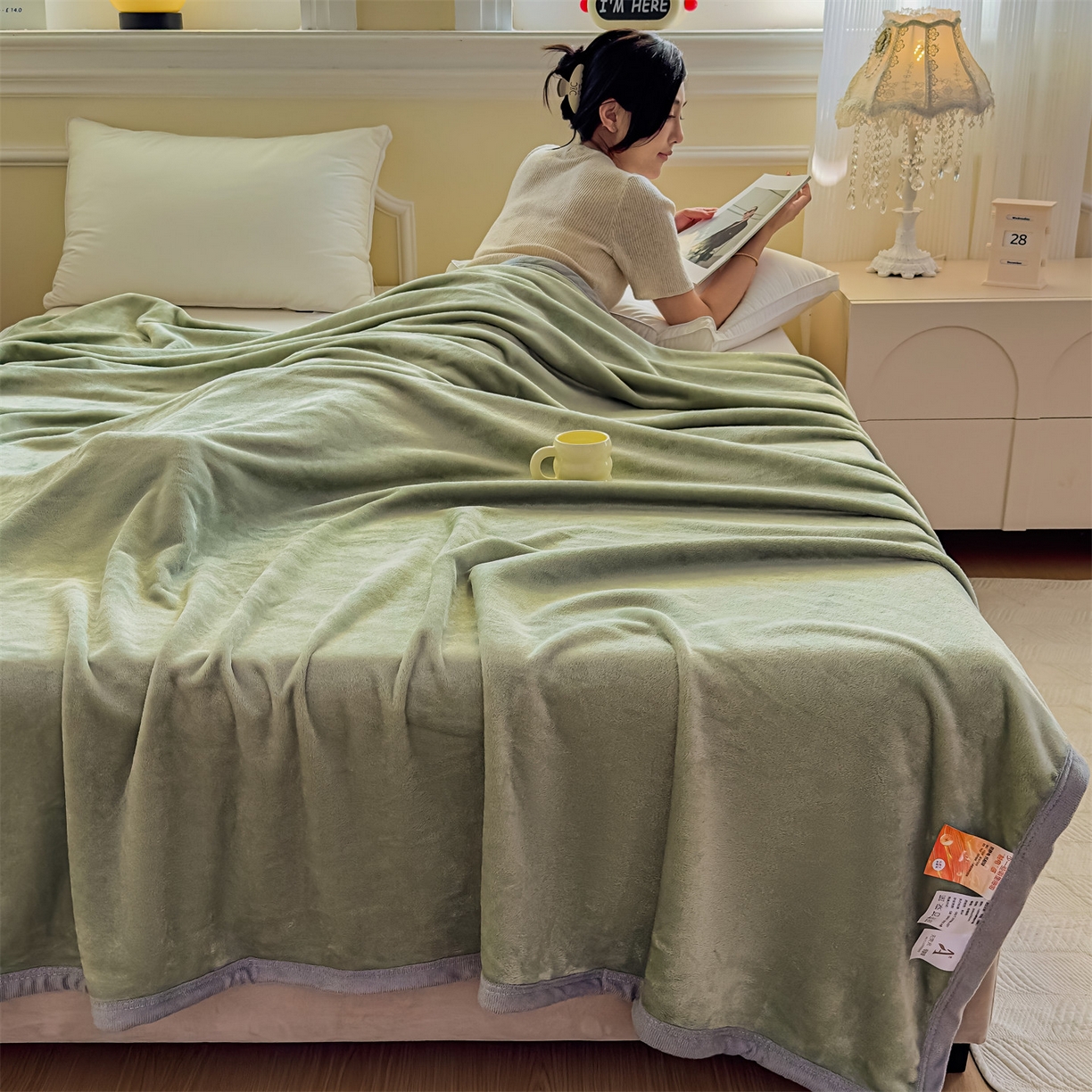 91家纺网 家纺一手货源 找家纺 予梦家纺 2025新款320g高克重加厚法兰绒毛毯办公室午休毯 松柏绿