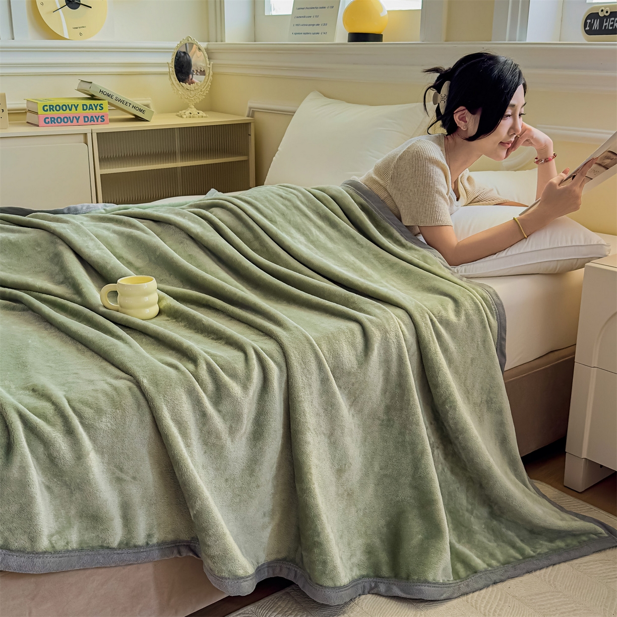 91家纺网 家纺一手货源 找家纺 予梦家纺 2025新款320g高克重加厚法兰绒毛毯办公室午休毯 松柏绿