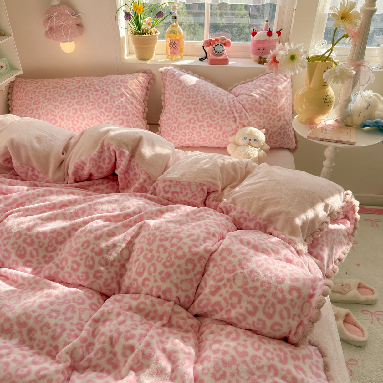 91家纺网 家纺一手货源 找家纺 初念 2025新款牛奶绒印花四件套-豹纹 牛奶绒-粉豹纹