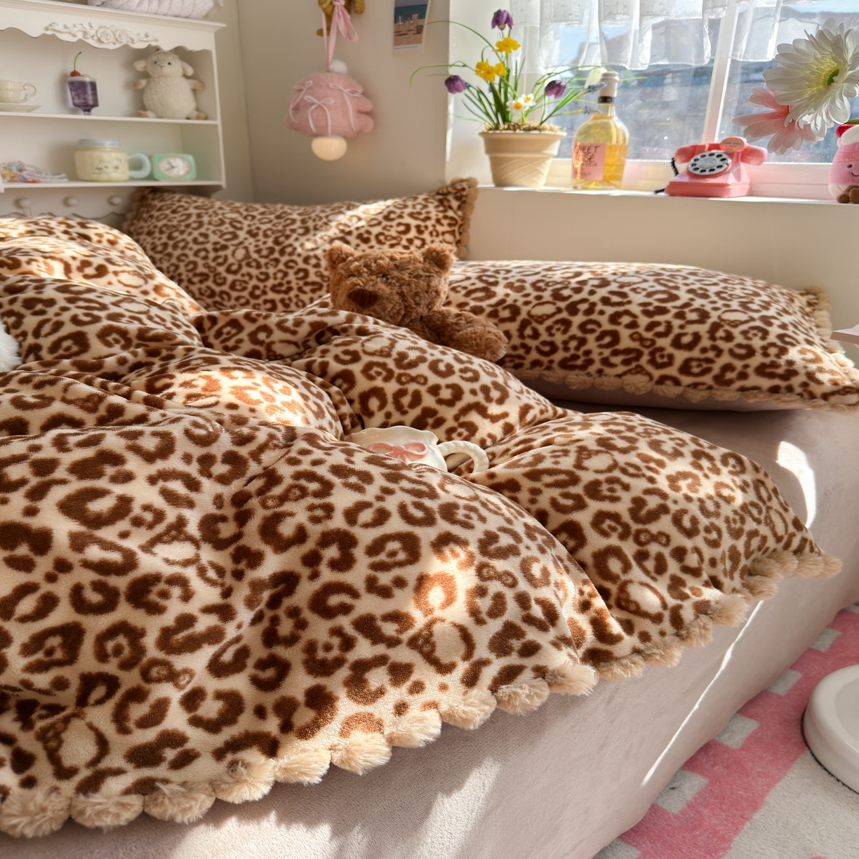 91家纺网 家纺一手货源 找家纺 初念 2025新款牛奶绒印花四件套-豹纹 牛奶绒-咖豹纹