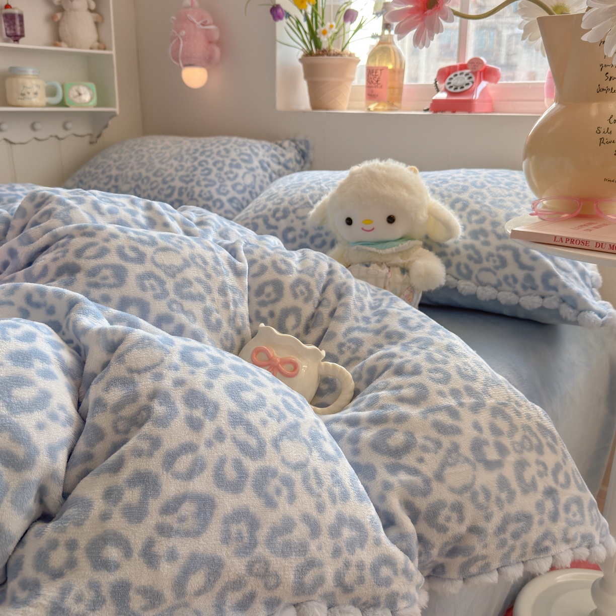 91家纺网 家纺一手货源 找家纺 初念 2025新款牛奶绒印花四件套-豹纹 牛奶绒-蓝豹纹