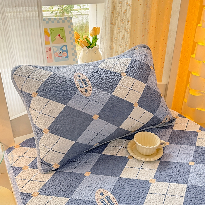 期遇家居 2025新款13372印花全棉纯棉绗缝加厚枕套 蓝格子