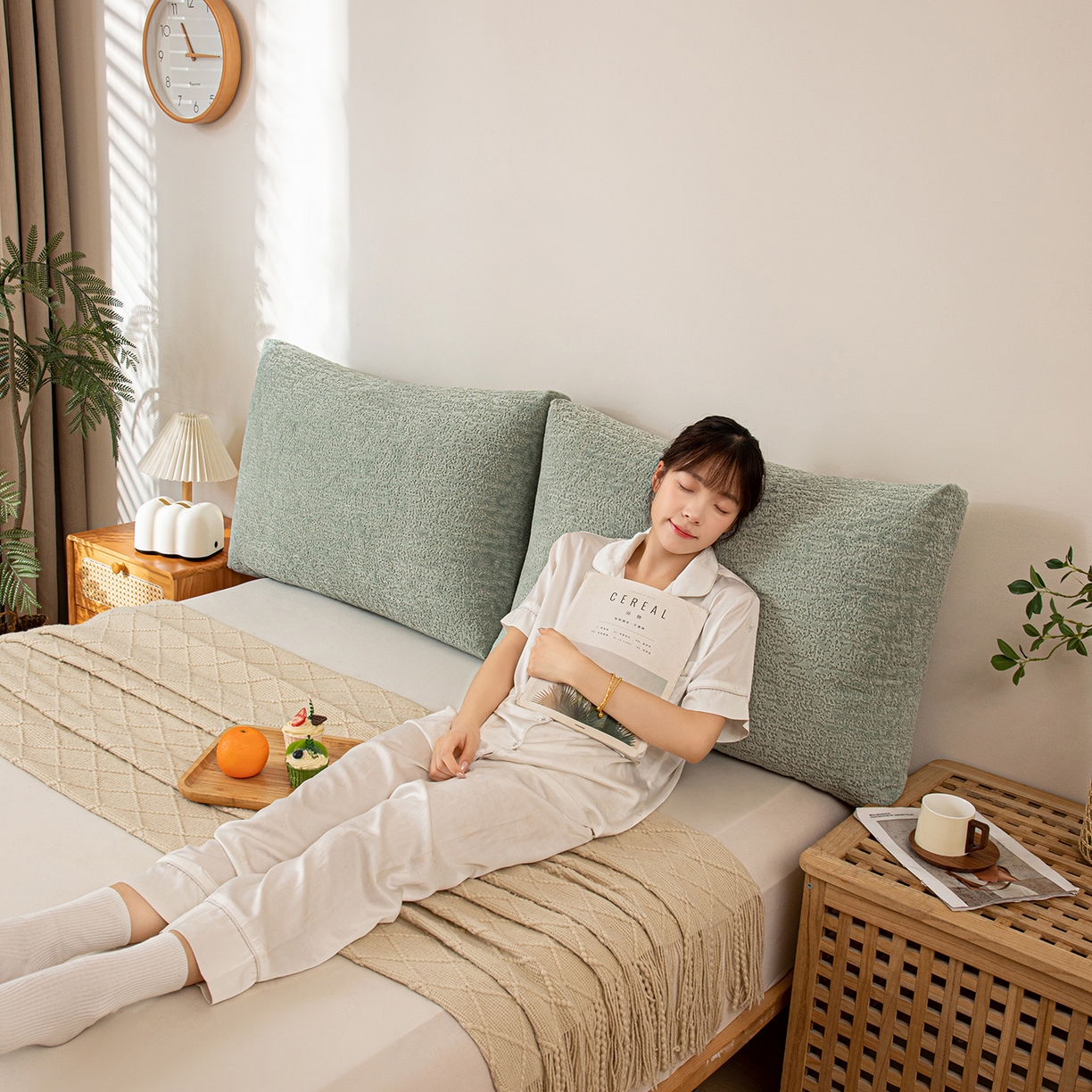 91家纺网 家纺一手货源 找家纺 沐沐家纺 2026新款可可西里面包枕 水绿