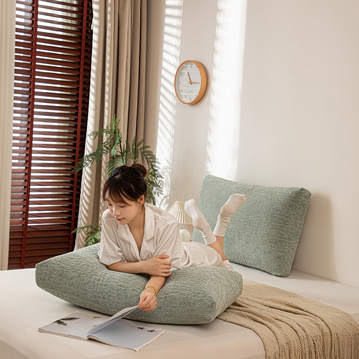 91家纺网 家纺一手货源 找家纺 沐沐家纺 2026新款可可西里面包枕 水绿