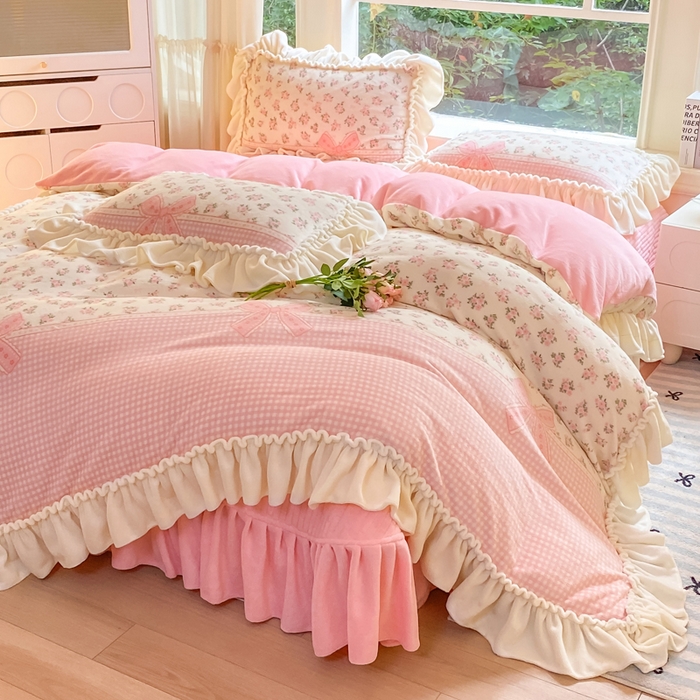 大麦家纺 2025新款牛奶绒印花夹棉花边床盖四件套 花语弥香