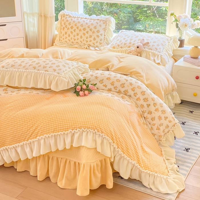 大麦家纺 2025新款牛奶绒印花夹棉花边床盖四件套 花漾茶町