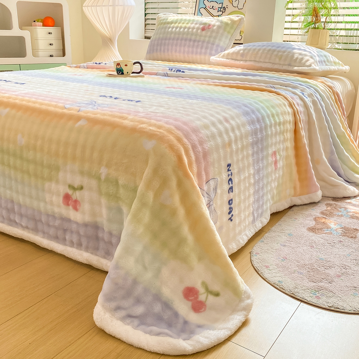 91家纺网 家纺一手货源 找家纺 眠势力 2025新款暖绒泡泡床单冬季保暖被单牛奶绒床单罩 樱桃彩虹【暖绒泡泡床单】