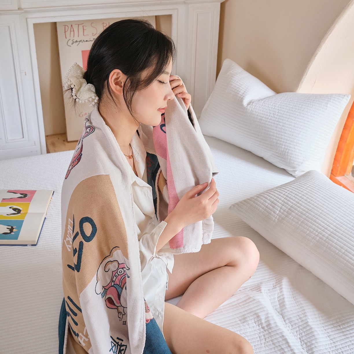 91家纺网 家纺一手货源 找家纺 沐瑟家纺 2025新款卡通A类全棉四层纱布浴巾加大毛巾-第三组 啥都顺 80*160cm