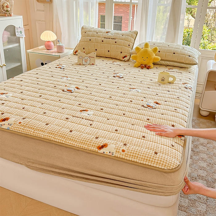 91家纺网 家纺一手货源 找家纺 澜妃 2025新款加厚牛奶绒卡通夹棉单床笠床笠单件单品床笠-亦甜系列 亦甜-可可猫星