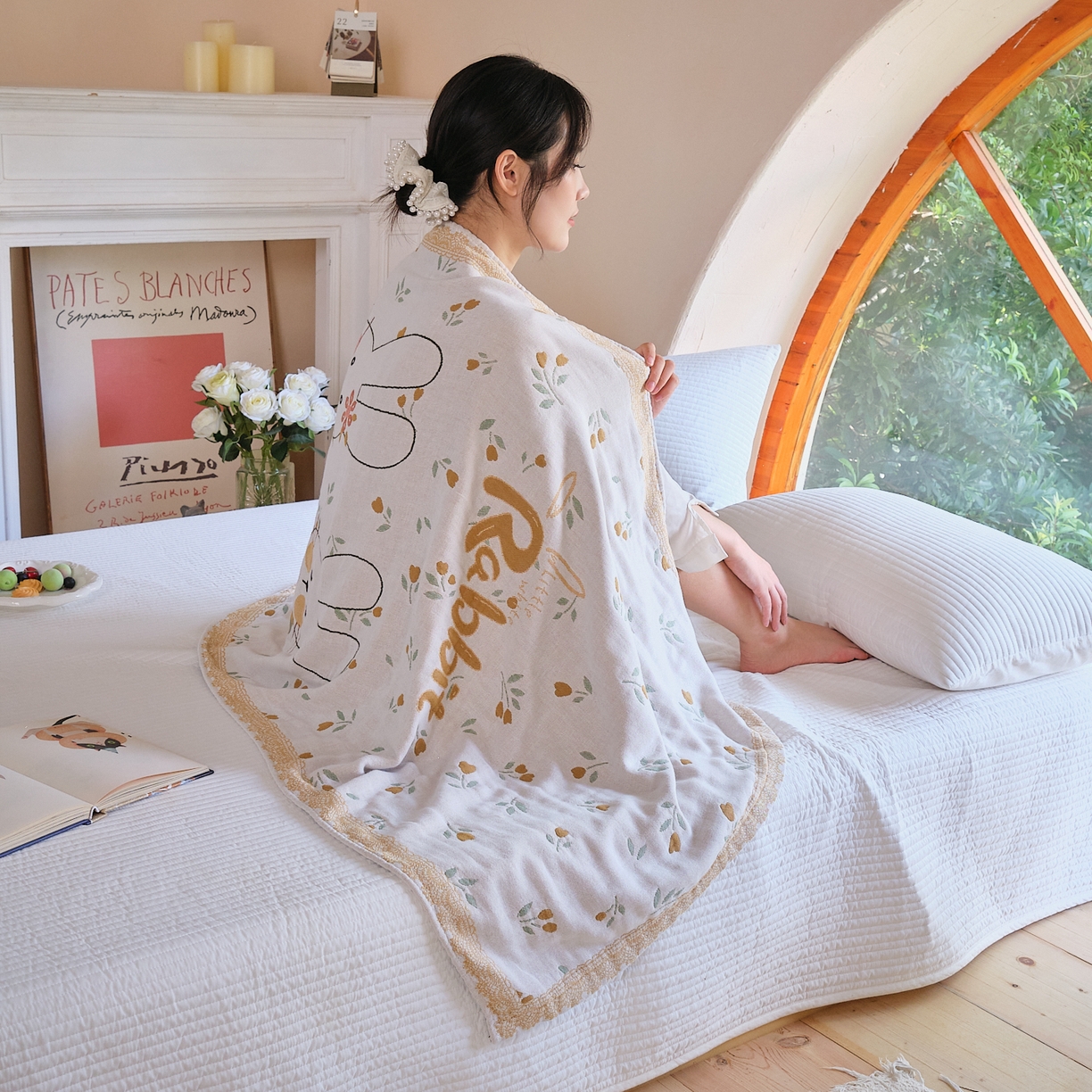 91家纺网 家纺一手货源 找家纺 沐瑟家纺 2025新款卡通A类全棉四层纱布浴巾加大毛巾-第三组 情侣小兔 80*160cm