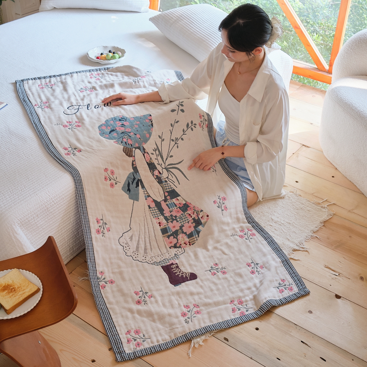 91家纺网 家纺一手货源 找家纺 沐瑟家纺 2025新款卡通A类全棉四层纱布浴巾加大毛巾-第三组 卓玛女孩 80*160cm