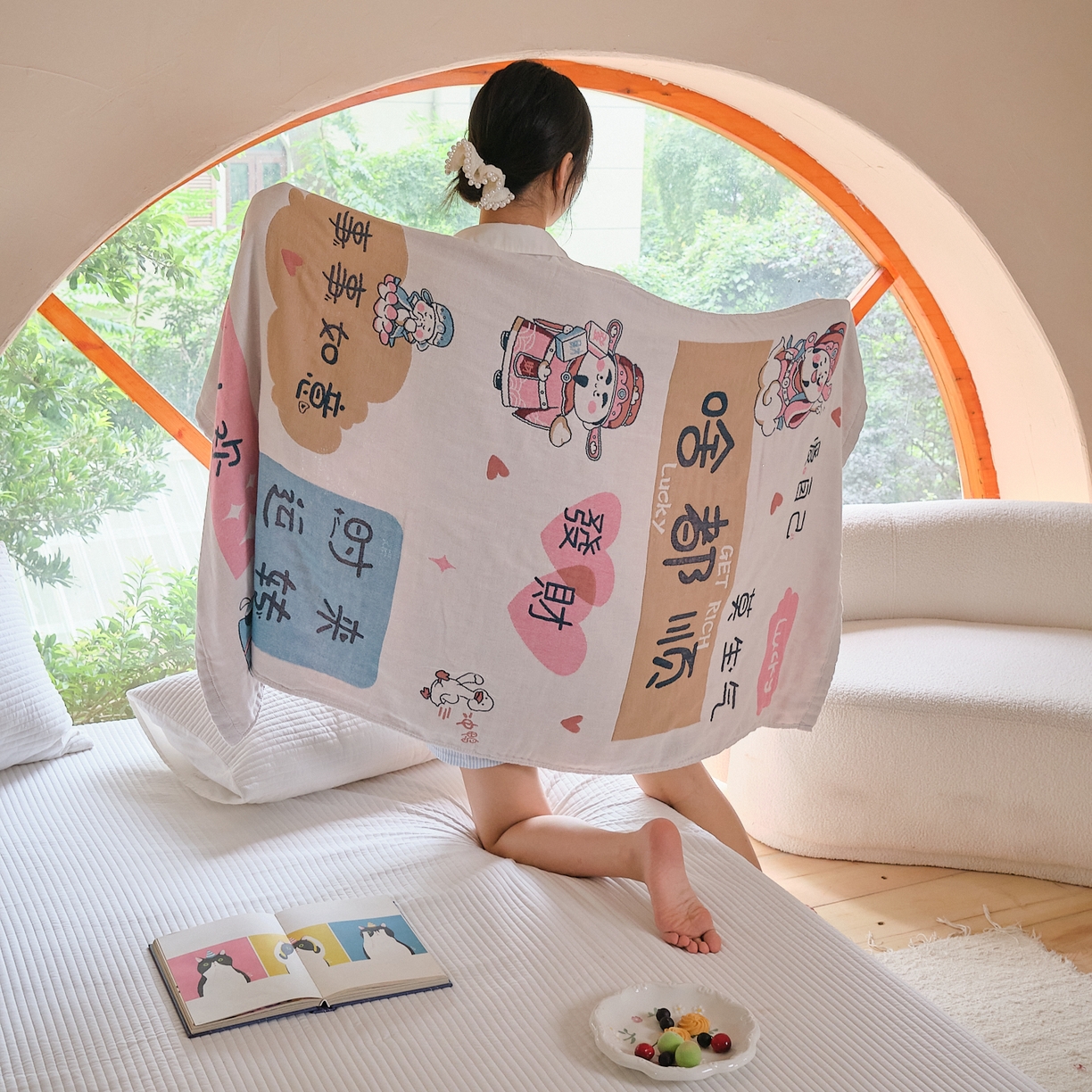 91家纺网 家纺一手货源 找家纺 沐瑟家纺 2025新款卡通A类全棉四层纱布浴巾加大毛巾-第三组 啥都顺 80*160cm