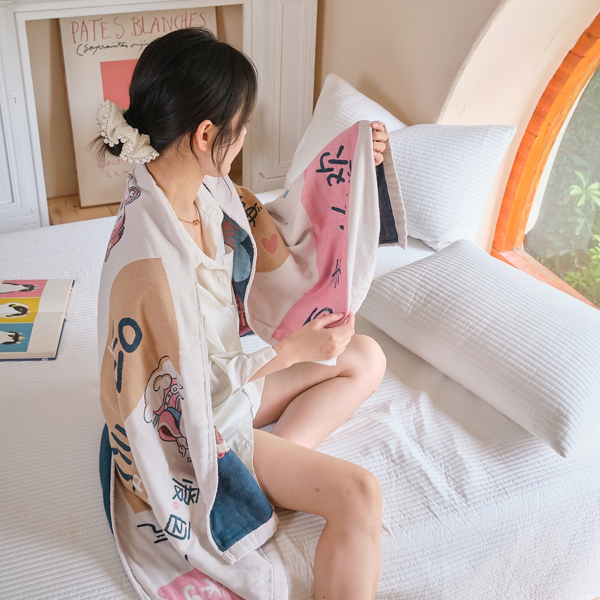 91家纺网 家纺一手货源 找家纺 沐瑟家纺 2025新款卡通A类全棉四层纱布浴巾加大毛巾-第三组 啥都顺 80*160cm