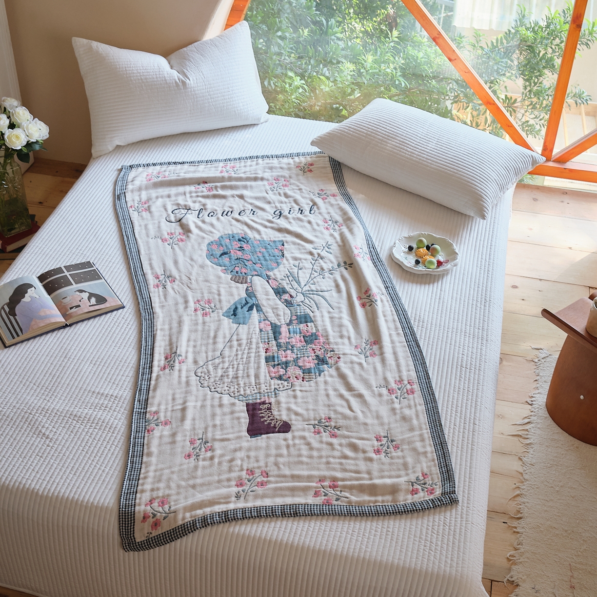 91家纺网 家纺一手货源 找家纺 沐瑟家纺 2025新款卡通A类全棉四层纱布浴巾加大毛巾-第三组 卓玛女孩 80*160cm