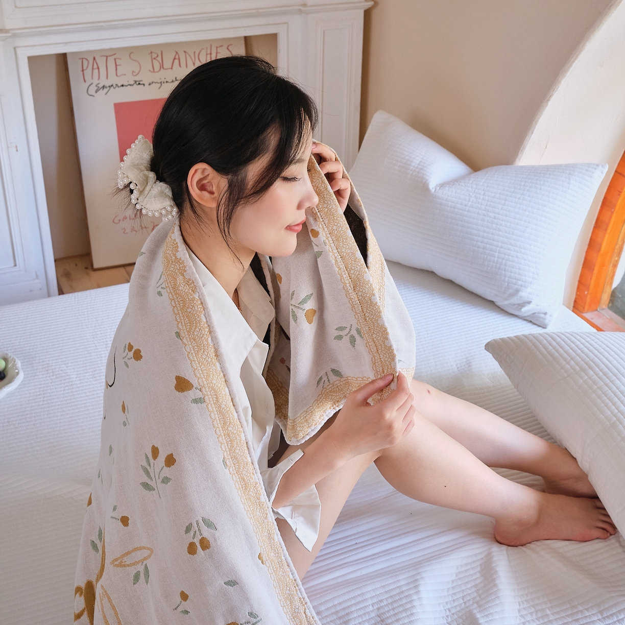 91家纺网 家纺一手货源 找家纺 沐瑟家纺 2025新款卡通A类全棉四层纱布浴巾加大毛巾-第三组 情侣小兔 80*160cm