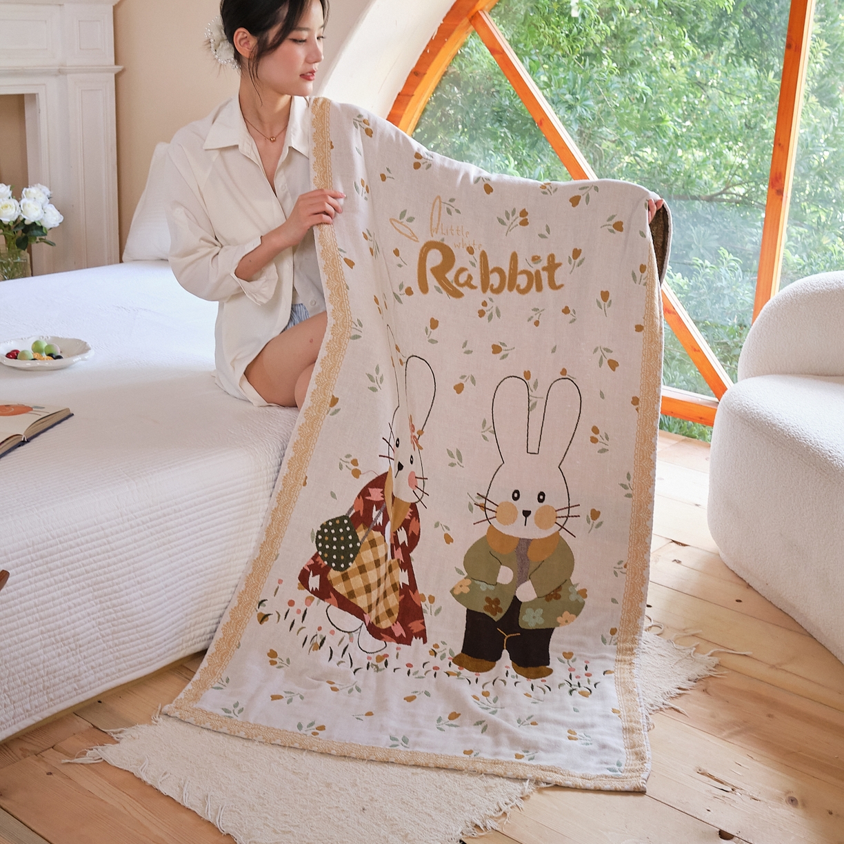 91家纺网 家纺一手货源 找家纺 沐瑟家纺 2025新款卡通A类全棉四层纱布浴巾加大毛巾-第三组 情侣小兔 80*160cm