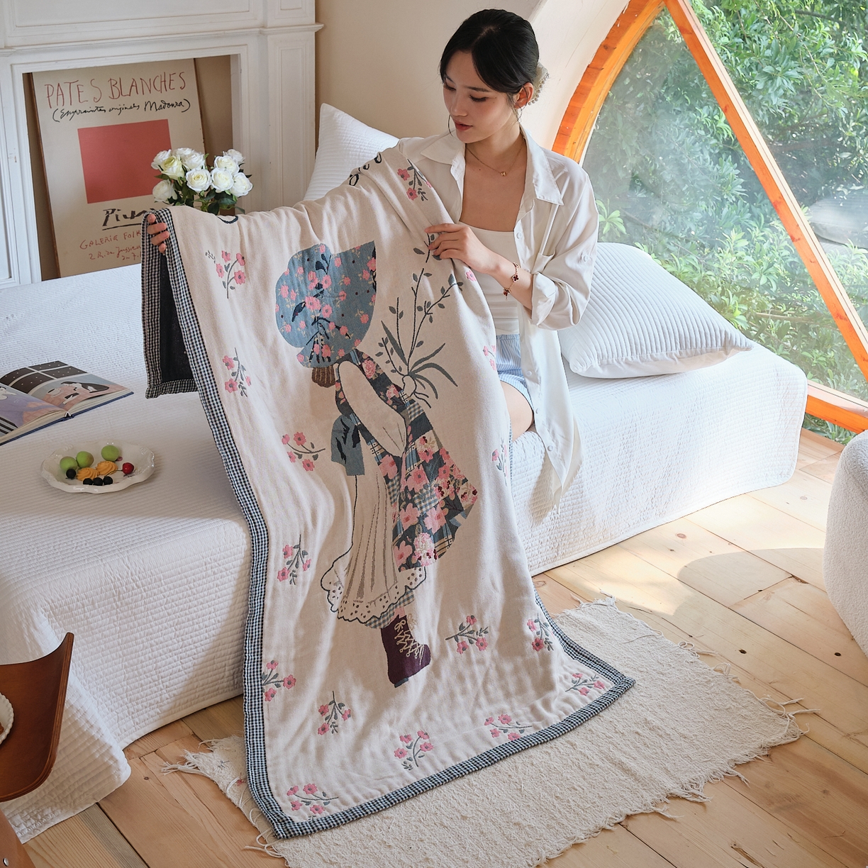 91家纺网 家纺一手货源 找家纺 沐瑟家纺 2025新款卡通A类全棉四层纱布浴巾加大毛巾-第三组 卓玛女孩 80*160cm