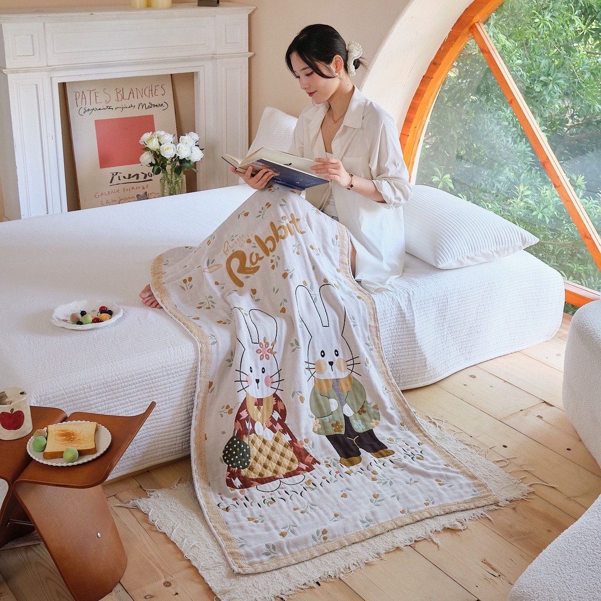 91家纺网 家纺一手货源 找家纺 沐瑟家纺 2025新款卡通A类全棉四层纱布浴巾加大毛巾-第三组 情侣小兔 80*160cm