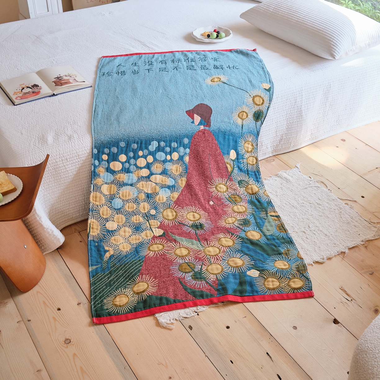 91家纺网 家纺一手货源 找家纺 沐瑟家纺 2025新款卡通A类全棉四层纱布浴巾加大毛巾-第三组 月薇 80*160cm