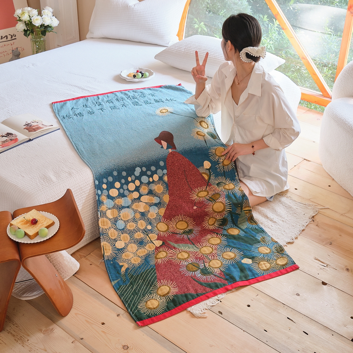 91家纺网 家纺一手货源 找家纺 沐瑟家纺 2025新款卡通A类全棉四层纱布浴巾加大毛巾-第三组 月薇 80*160cm