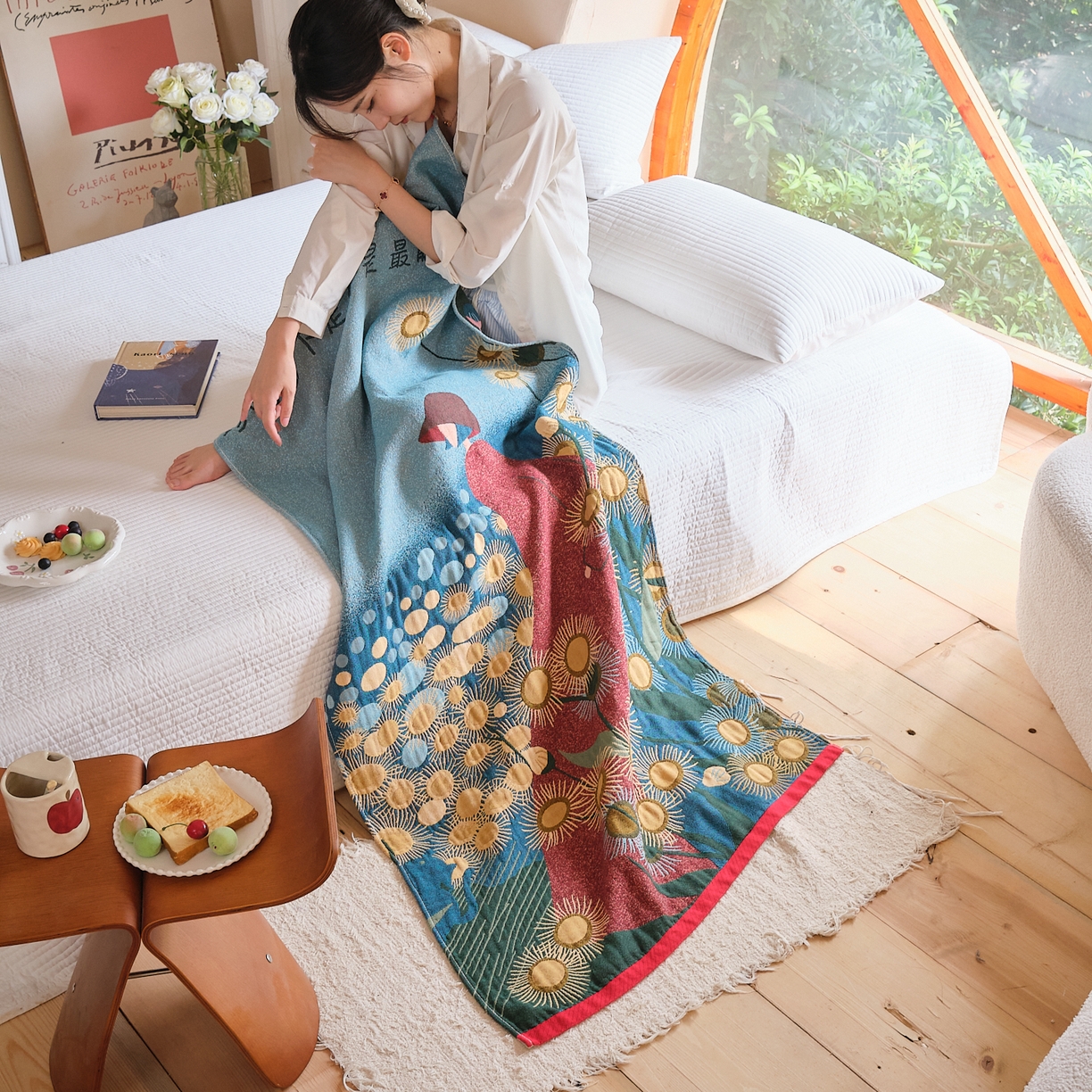 91家纺网 家纺一手货源 找家纺 沐瑟家纺 2025新款卡通A类全棉四层纱布浴巾加大毛巾-第三组 月薇 80*160cm