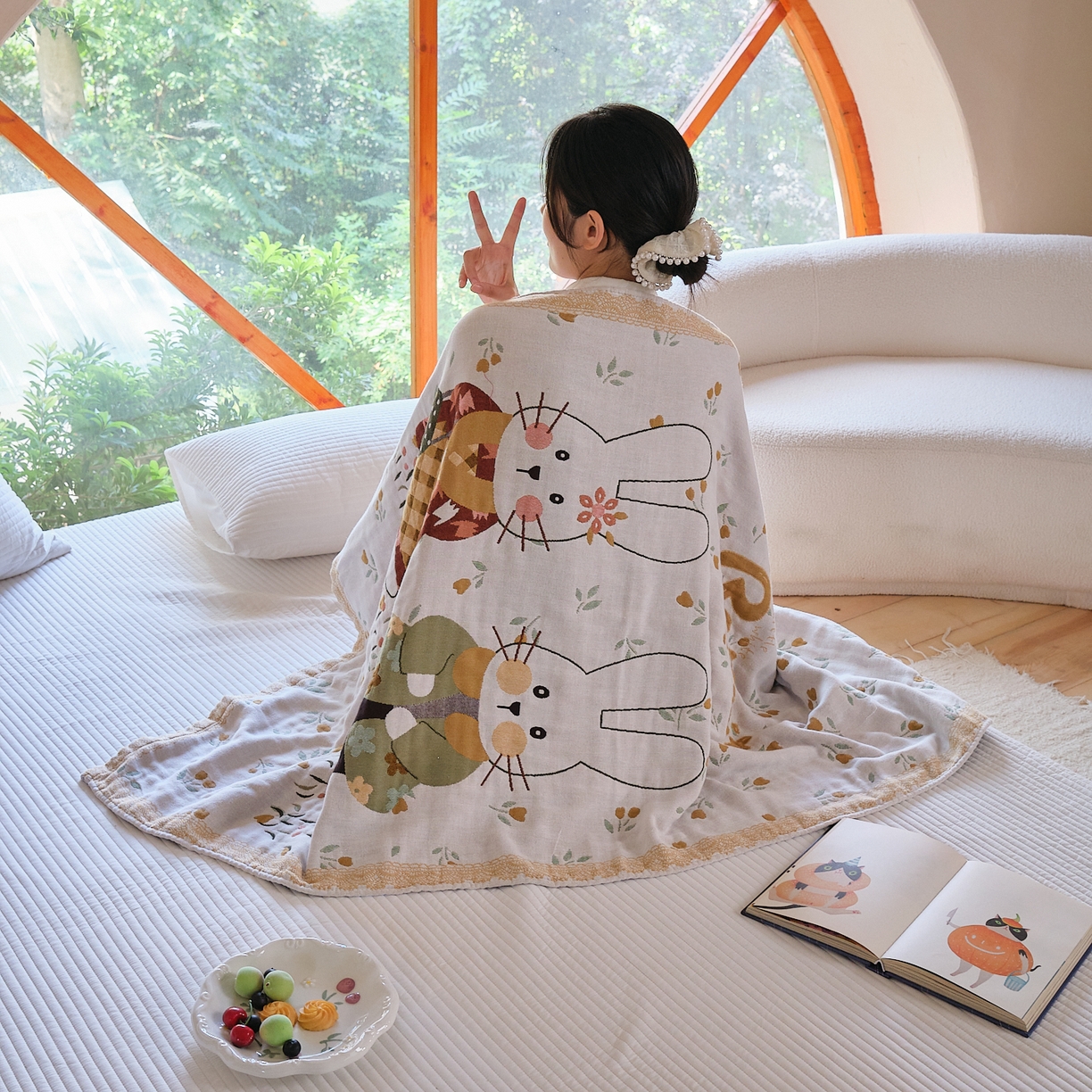 91家纺网 家纺一手货源 找家纺 沐瑟家纺 2025新款卡通A类全棉四层纱布浴巾加大毛巾-第三组 情侣小兔 80*160cm