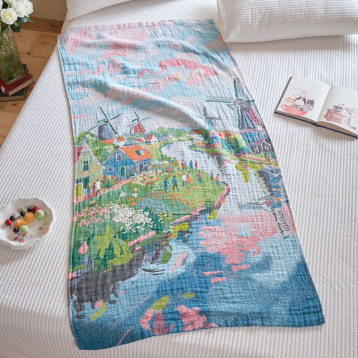 91家纺网 家纺一手货源 找家纺 沐瑟家纺 2025新款卡通A类全棉四层纱布浴巾加大毛巾-第三组 梦幻肯拉 80*160cm