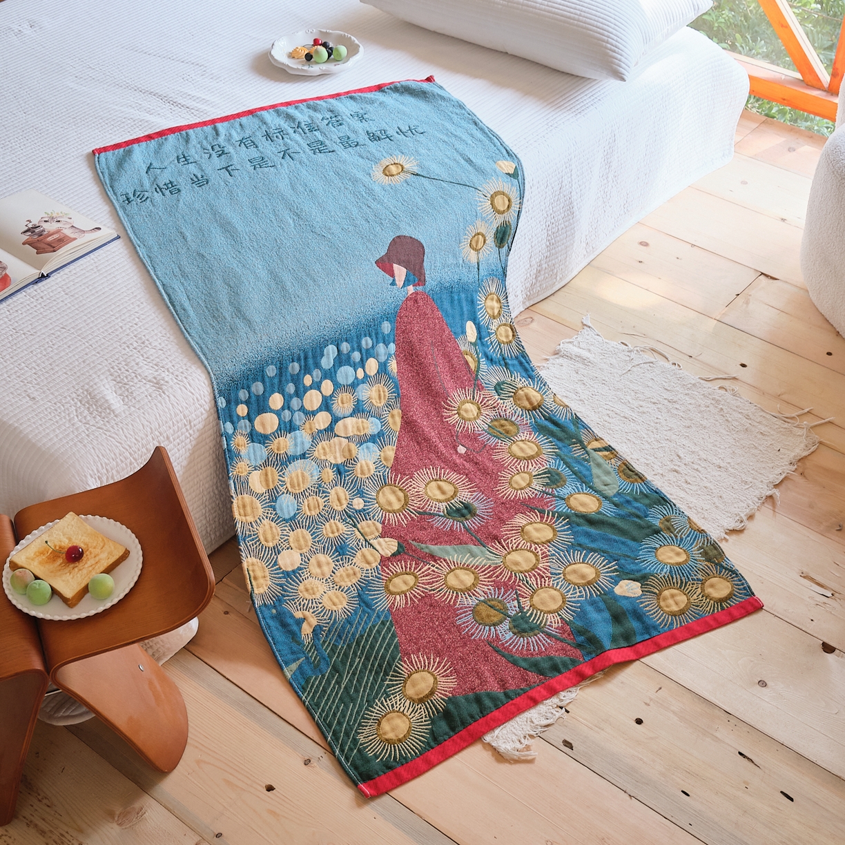 91家纺网 家纺一手货源 找家纺 沐瑟家纺 2025新款卡通A类全棉四层纱布浴巾加大毛巾-第三组 月薇 80*160cm